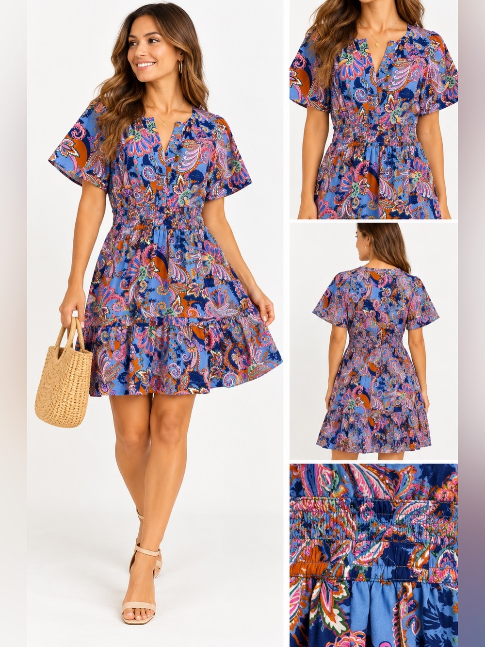 Anthropologie Blue Paisley Tiered Smocked-Waist Dress
